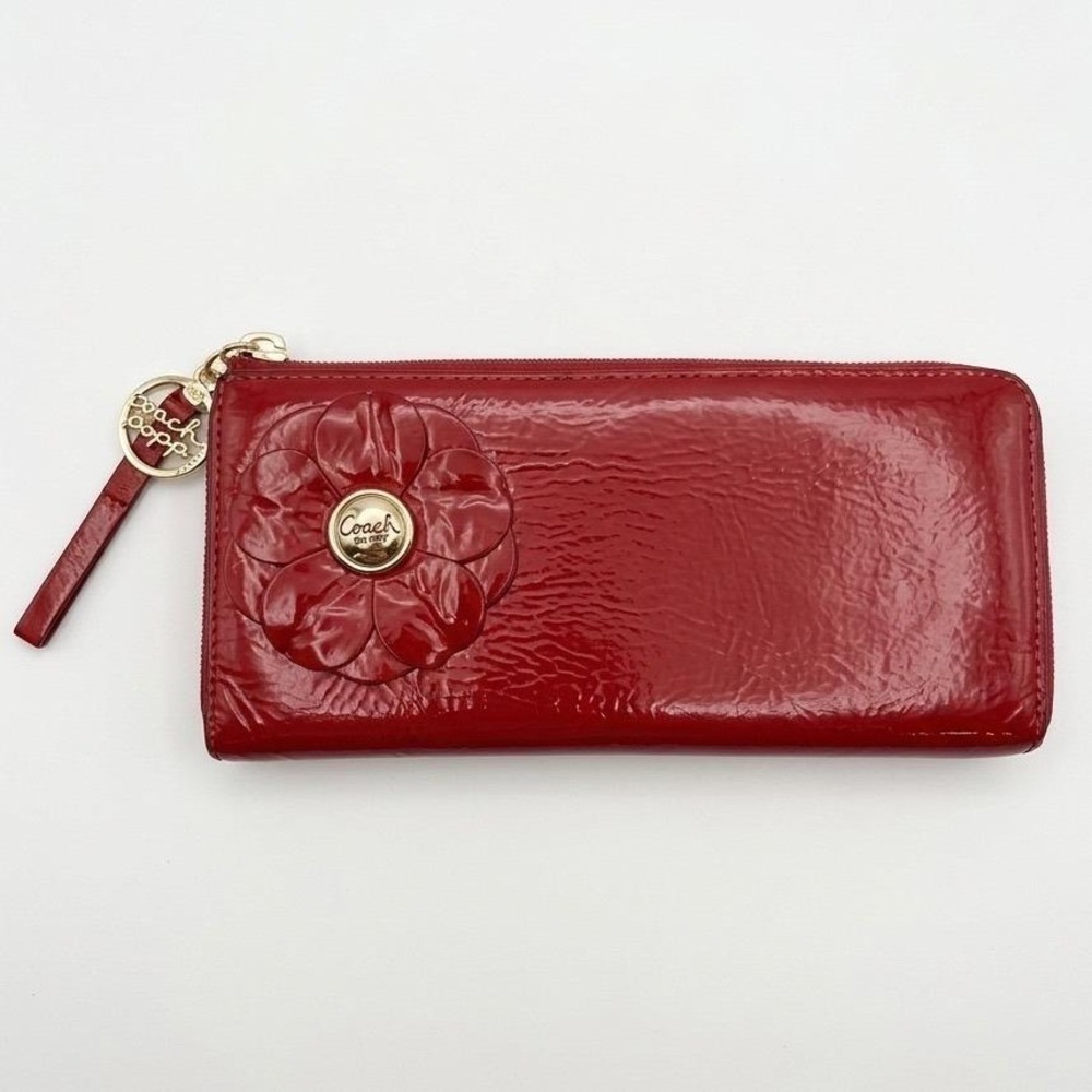 Coach Poppy Red Patent Leather Floral Zip Around Accordion Long Wallet 2011